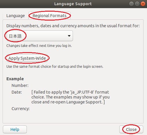 Ubuntu 18.04:Language Support / Regional Formats 画面で、Display numbers, dates and currency amounts in the usual format forを日本語にして Apply System-Wideをクリック