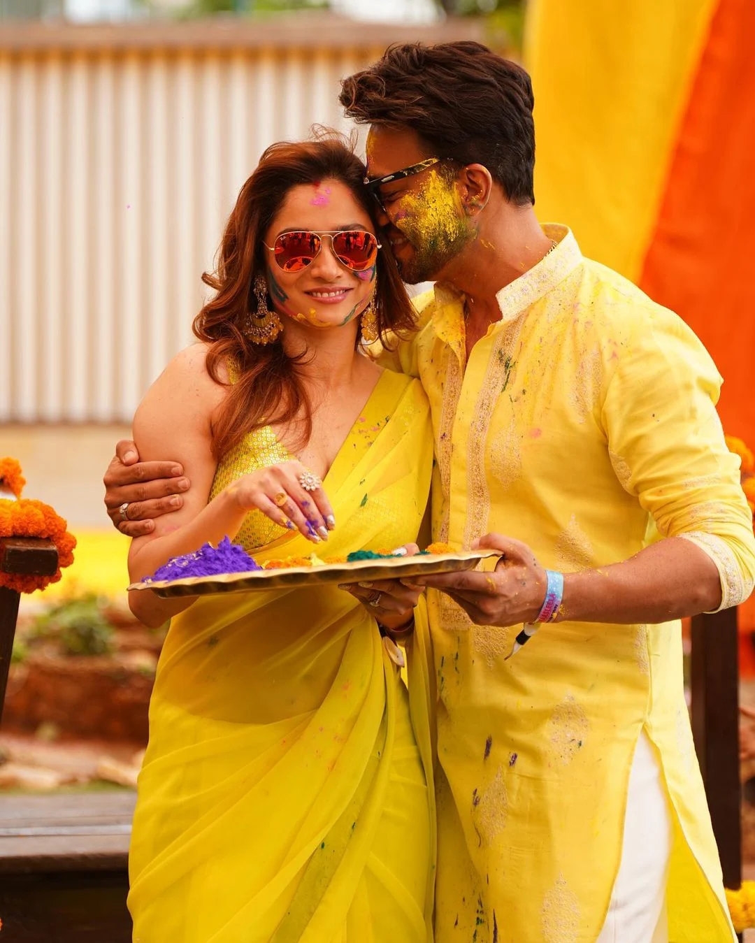 ankita lokhande yellow saree holi pics