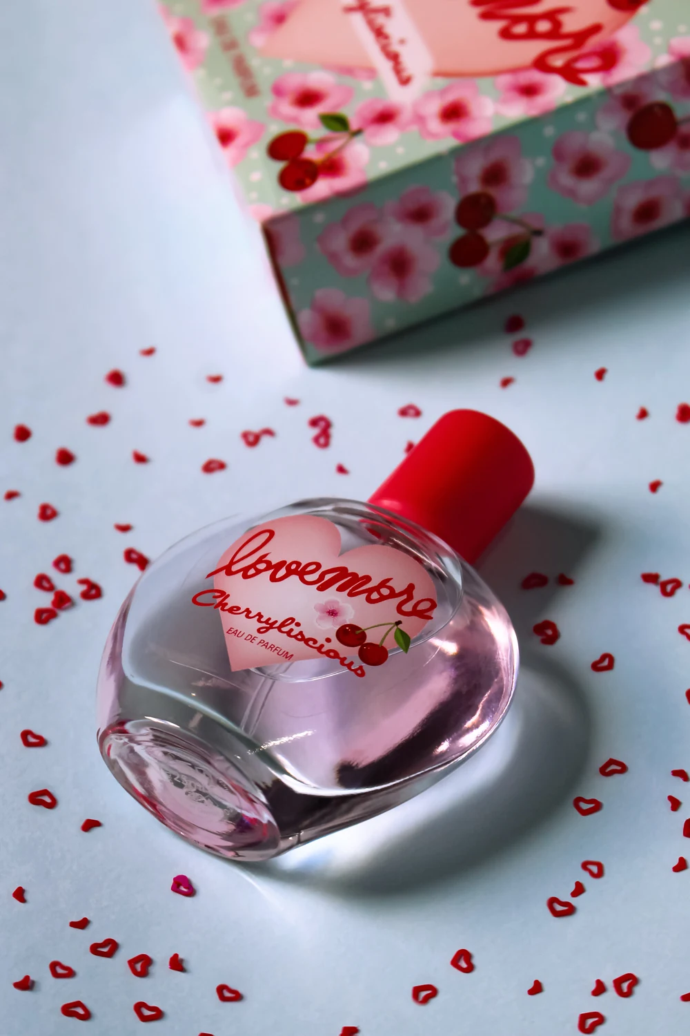 close-up picture of a perfume bottle laying on a plain background in natural light