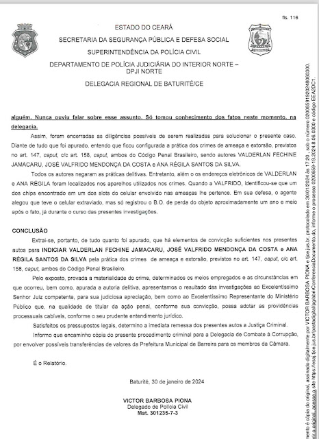 Ex. prefeito de Barreira Dr. Vanderlan Fechine é indiciado por ameaça e extorsão  contra vereador 