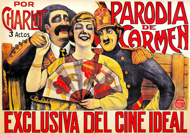 PARODIA DE CARMEN. Cartelera: 138 x 100 cms. España. Autor: César Fernández Ardavín "Vinfer". Imprenta: Litografía E. Fernández, Madrid. PARODIA DE CARMEN. Charlie Chaplin's A Burlesque on Carmen. 1915. Estados Unidos. Dirección: Charles Chaplin. Reparto: Edna Purviance, Charles Chaplin, Jack Henderson, Leo White, John Rand, May White, Bud Jamison, Lawrence A. Bowes, Frank J. Coleman, Fred Goodwins.