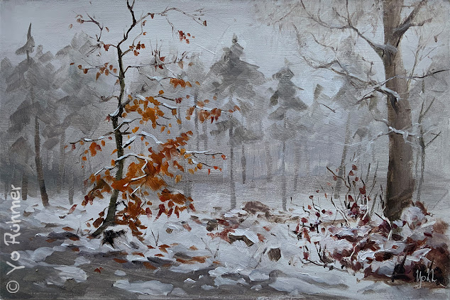 Herbst Schnee Ölbild Pleinairmalerei