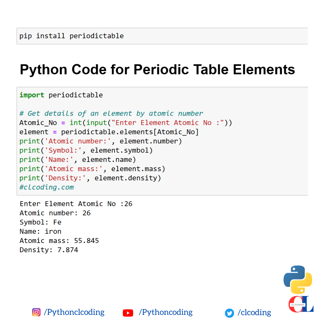 Python Code for Periodic Table Elements ~ Computer Languages (clcoding)