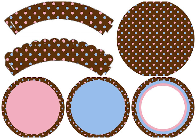 Pink and Light Blue Polka Dots in Chocolate: Free Printable Cupcake Toppers and Wrappers. 