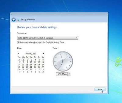 cara instal windows 7, pengaturan waktu