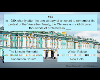 In 1989, shortly after the anniversary of an event to remember the protest of the Versailles Treaty, the Chinese army killd/injured thousands of protesters in ___. Answer choices include: The Lincoln Memorial, Winter Palace, Tiananmen Square, New Delhi