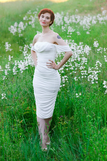 White Bardot Cowl Neck Ruched Midi Dress - Malia from FemmeLuxeFinery.co.uk