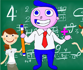 A group of cartoon characters, including the first one, happily solving various math problems on a large blackboard.