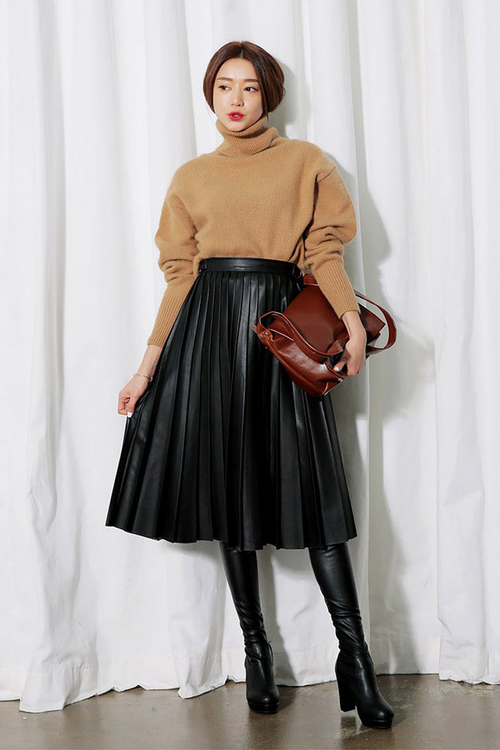 Pleated Leather A-Line Skirt