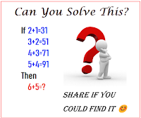 Logical Reasoning Math Questions with Answers and Explanation (2+1=31, 3+2=51, 4+3=71, 5+4=91, 6+5=?)