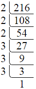 Prime factorization of 216 by division method.