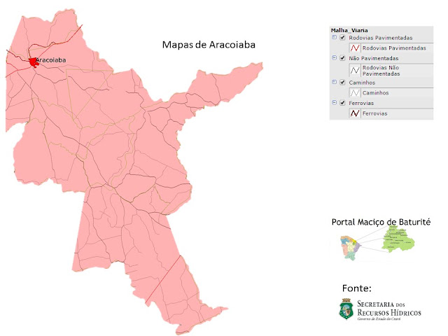 Mapas de Aracoiaba - Rodovias Pavimentadas - Não Pavimentadas - Caminhos - Ferrovias