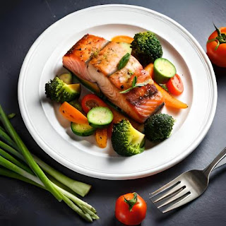 Baked salmon with roasted vegetables: A wholesome dinner option.