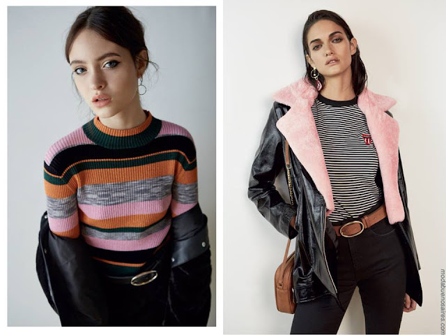 Moda invierno 2017 juvenil urbana, camperas de mujer con corderito, sweater a rayas tejido.