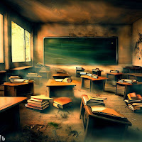 good option would be to photograph an empty classroom, with overturned desks and dusty books, symbolizing the lack of interest of students in education in a corrupted environment.