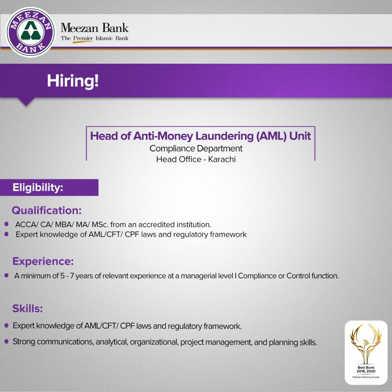 Meezan Bank Ltd Jobs For Head of Anti-Money Laundering (AML) Unit