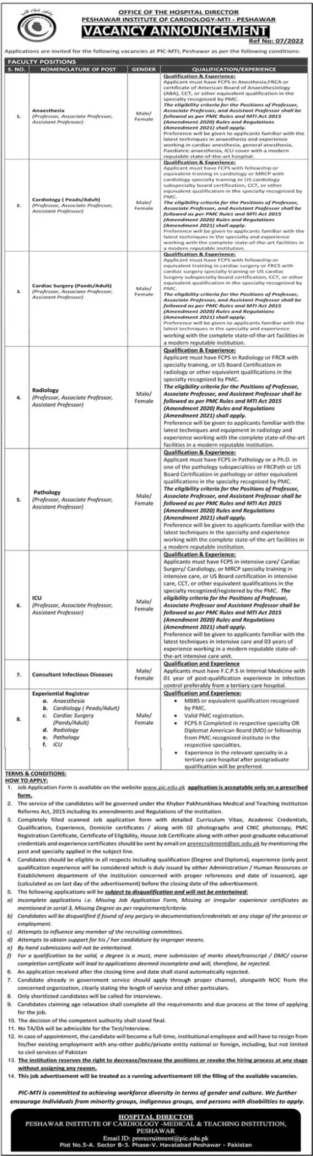 Peshawar Institute of Cardiology (PIC) Jobs 2022 | Pak Jobs