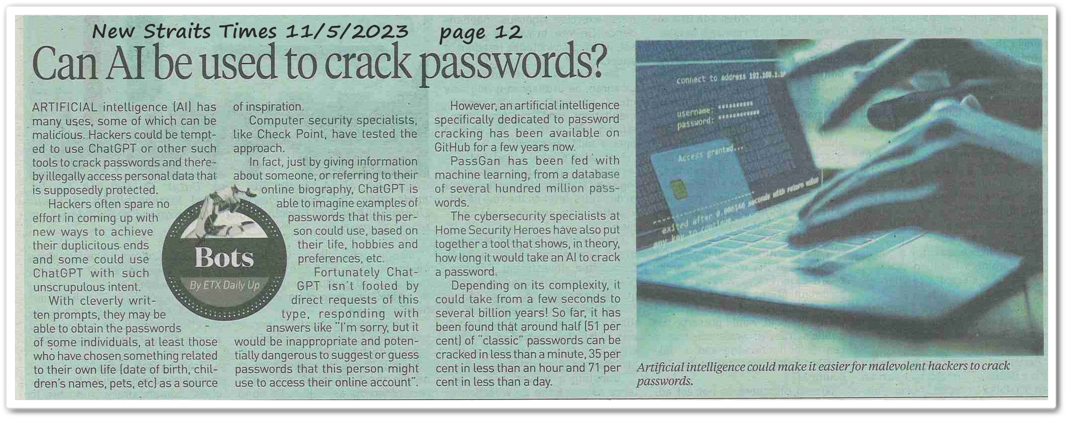 Can AI be used to crack passwords? - Keratan akhbar New Straits Times 11 May 2023