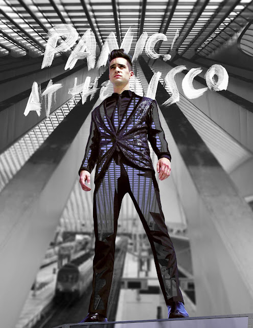 Image descripton: Brendon Urie standing in a plataform in front of the taxt PANIC! AT THE DISCO, his suit has some cuts that reveal a more focused version of the background, he's the only element in color. End description