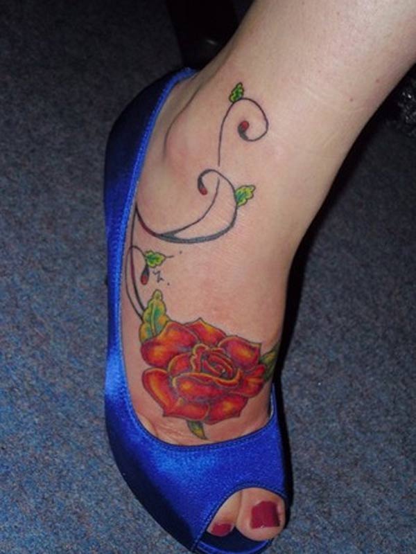 Cute and beautiful rib rose tattoo design idea for girl's foot