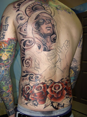 new school tattoo snake skull and rose New school style Geisha woman