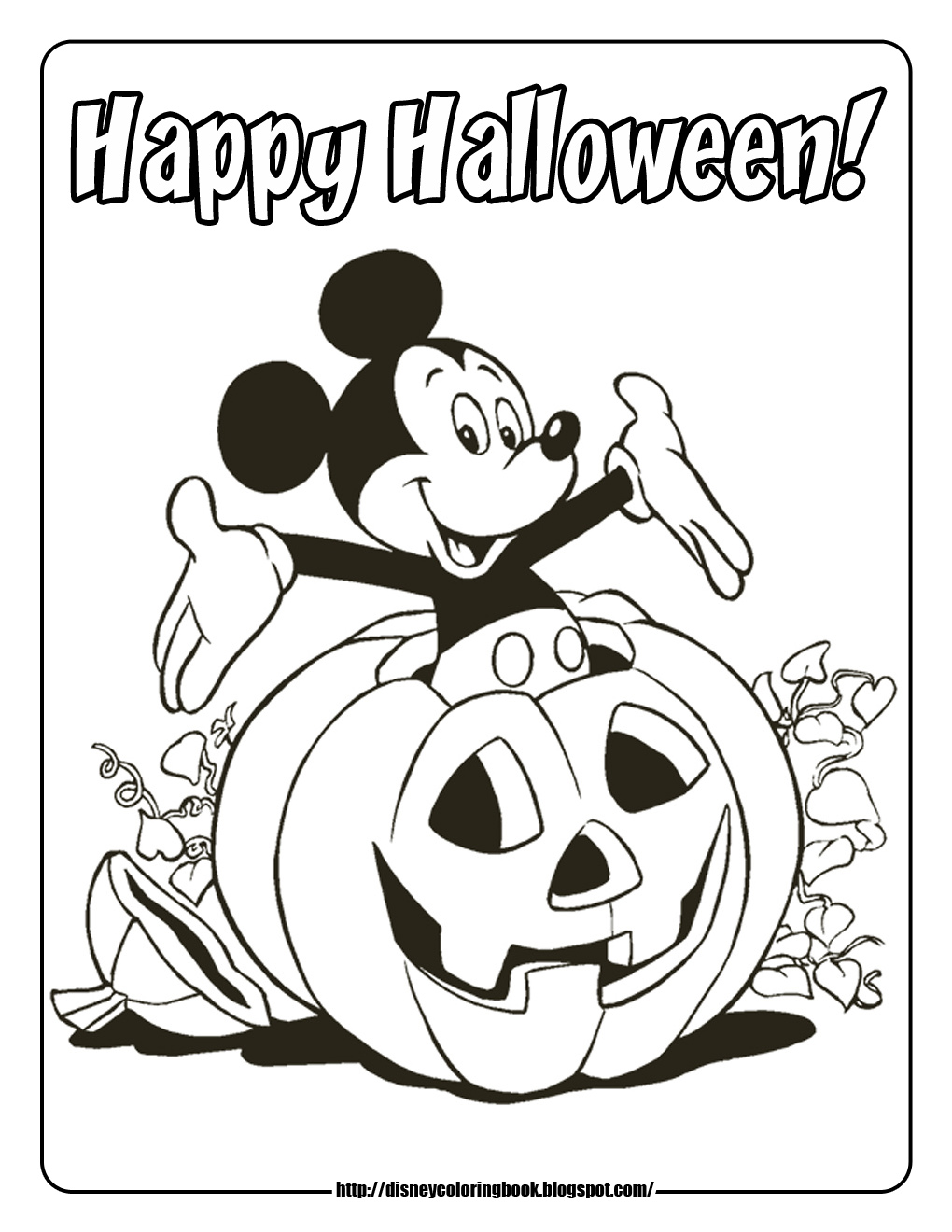 Mickey and Pluto dressed in Halloween costumes next to a jack-o-lantern on a coloring page