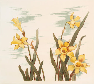 ([Image Description] Vintage painting of yellow daffodils on tall green and rust stems. Cream background has green splashes of color behind the flowers.)