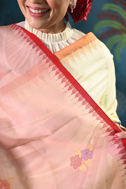 Pink Rani phee dupatta with a red temple border and jamdani pallu.