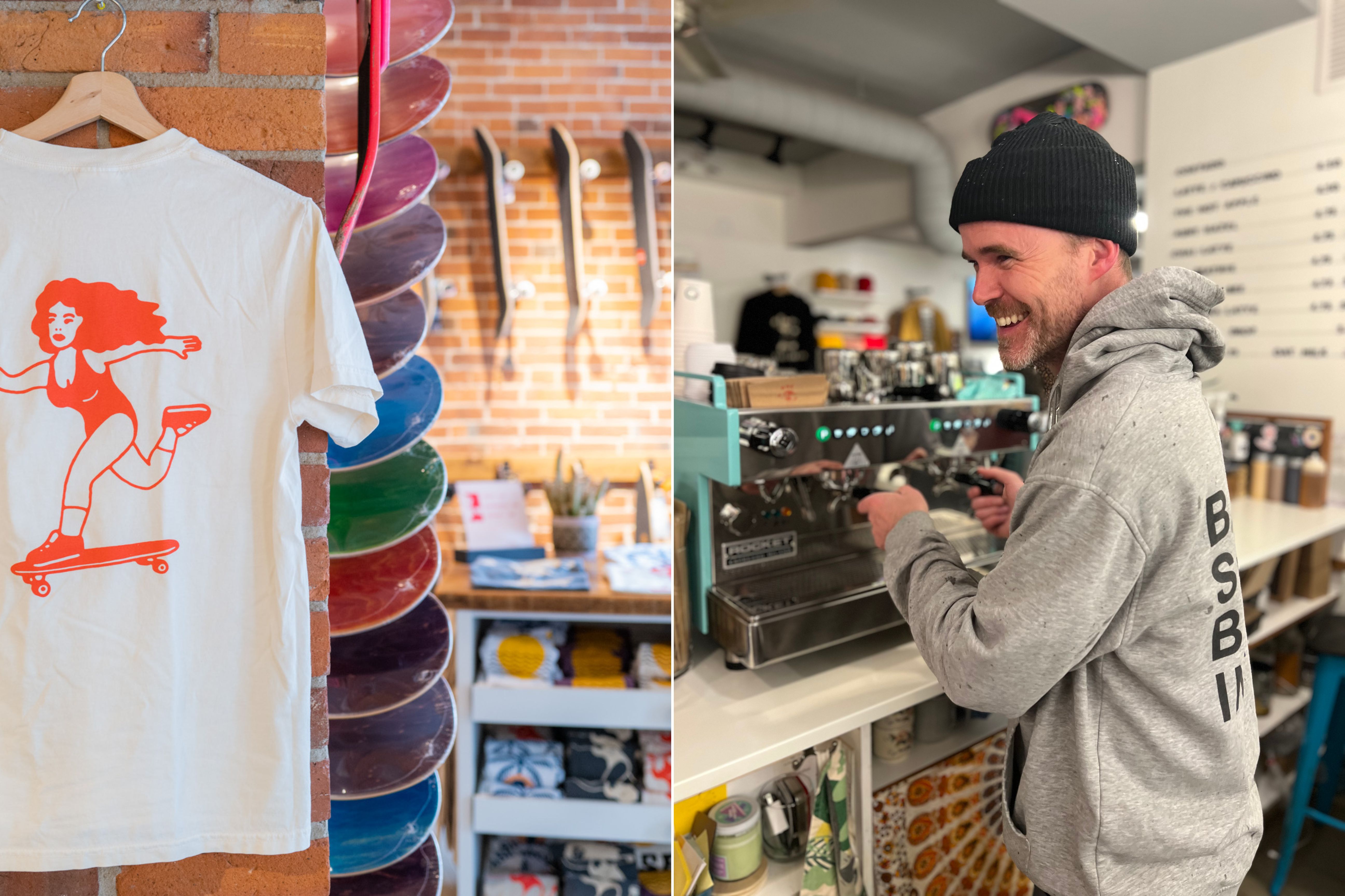 BSE Skateboard Shop t-shirt merchandise on left side and owner Jay Bridges on right side smiling.