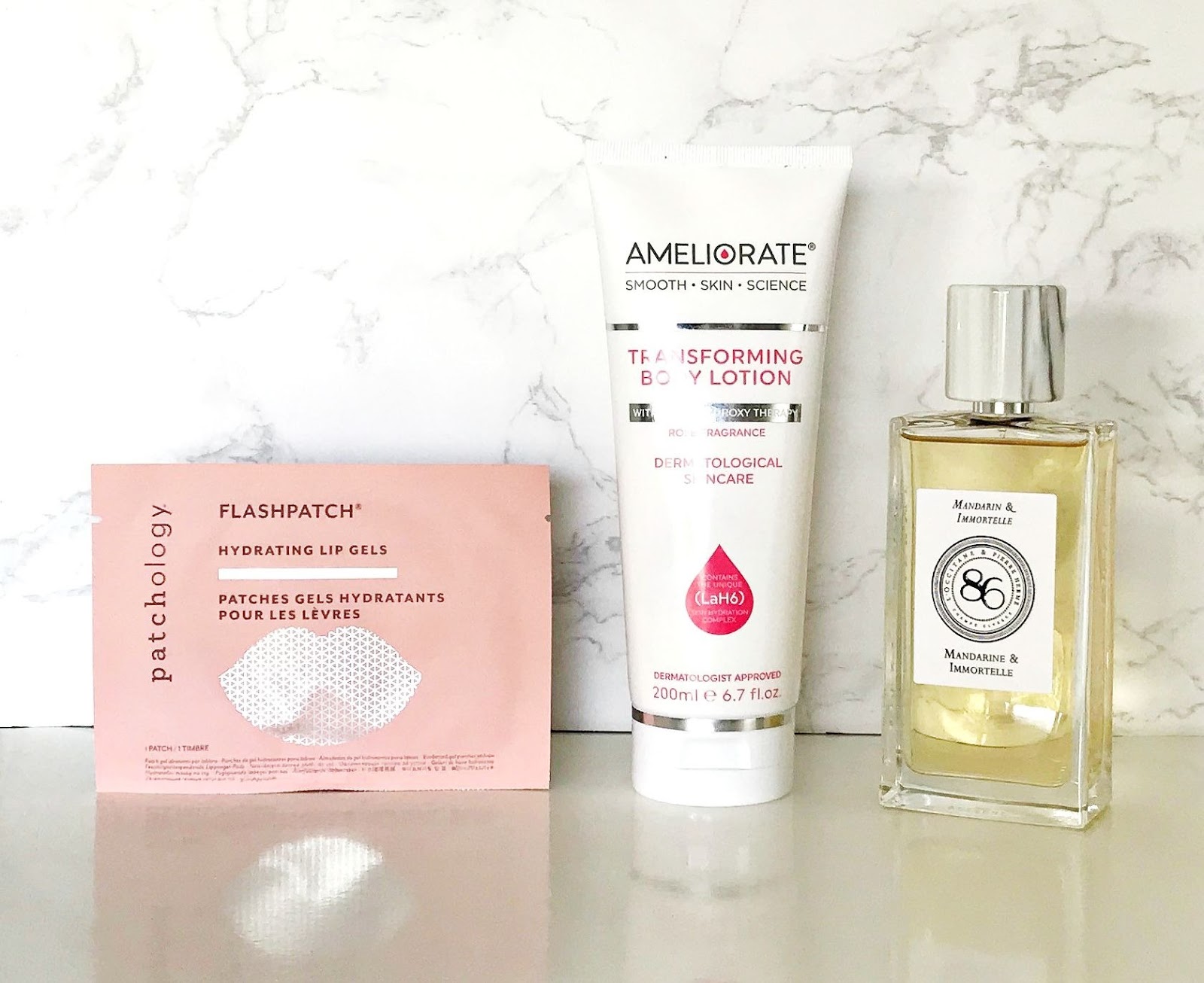 3 treats for 3 budgets, Patchology FlashPatch Hydrating Lip Gels, Ameliorate Transforming Body Lotion Rose Limited Edition, L'Occitane MANDARIN & IMMORTELLE,