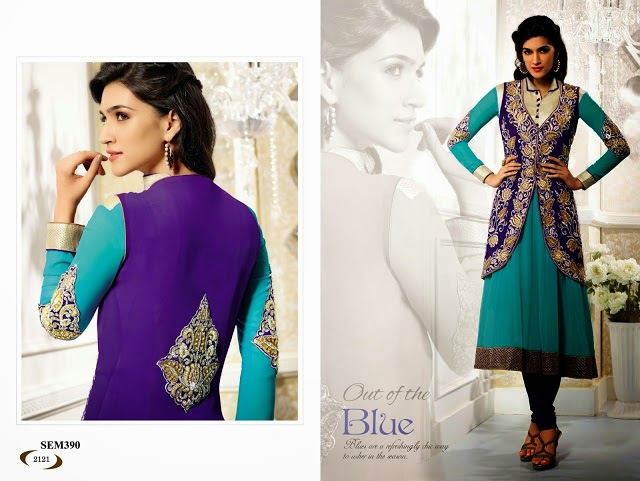  Designer Turquoise Long Jacket Anarkali Suit