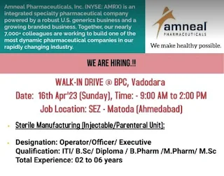 Amneal Pharmaceuticals - ITI, Diploma, B.Sc Jobs Openings 2023 | Walk-In Drive at Vadodara, Gujarat