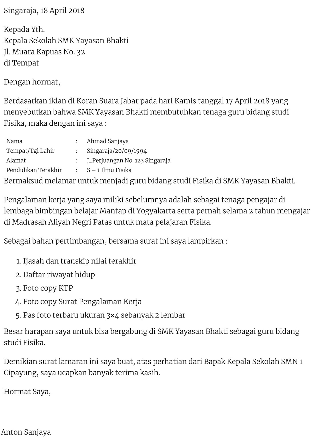 Contoh Surat Lamaran Ke Sekolah Yayasan