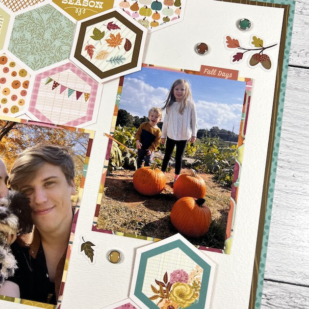 12x12 Fall Scrapbook Page with hexagon shapes and pumpkin patch photos