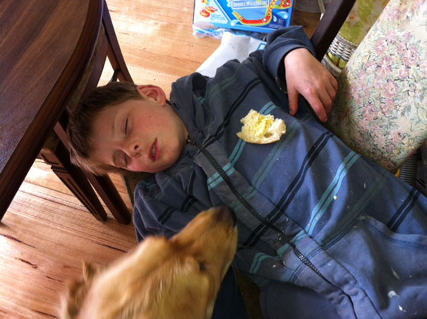 15+ Hilarious Pics That Prove Kids Can Sleep Anywhere - Napping On The Floor With Bread Leftovers