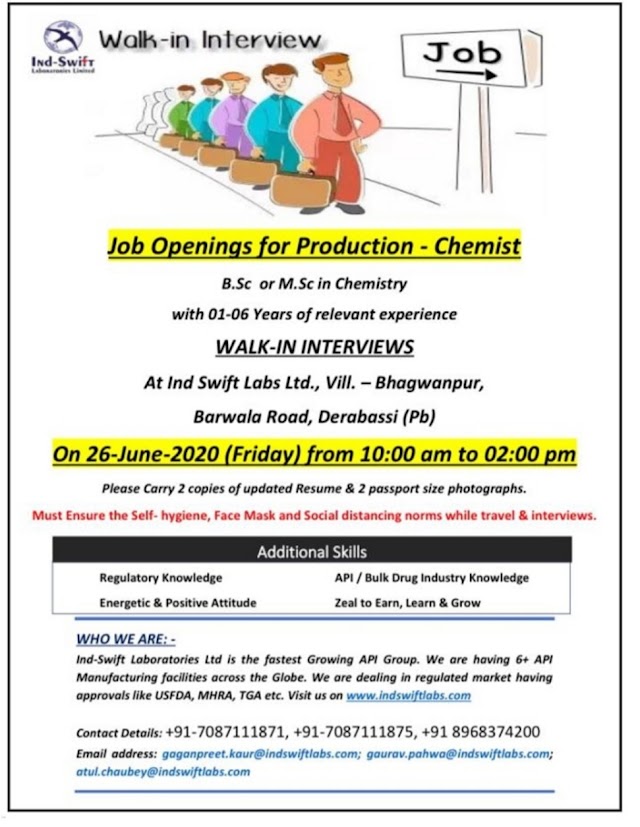 Ind Swift Labs | Walk-in for Production at Derabassi on 26 June 2020