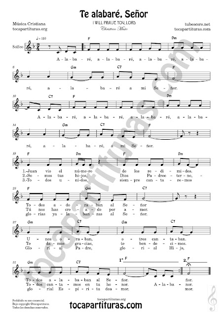 Te alabaré, Señor Partitura de Solfeo Entonación y Ritmo en Fa Mayor Solfeggio sheet music for teachers of music and religion class