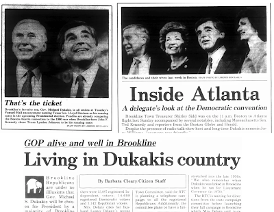 Local headlines: "That's the Ticket";"Inside Atlanta";  "Living in Dukakis Country";