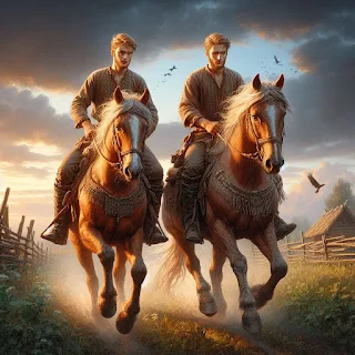 اثنين من الاصدقاء شباب قديماً راكبين اثنين خيول عليهم ملامح الشجاعة والكرم والمروة