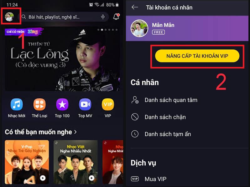 Click vào biểu tượng avatar, chọn NÂNG CẤP TÀI KHOẢN VIP.
