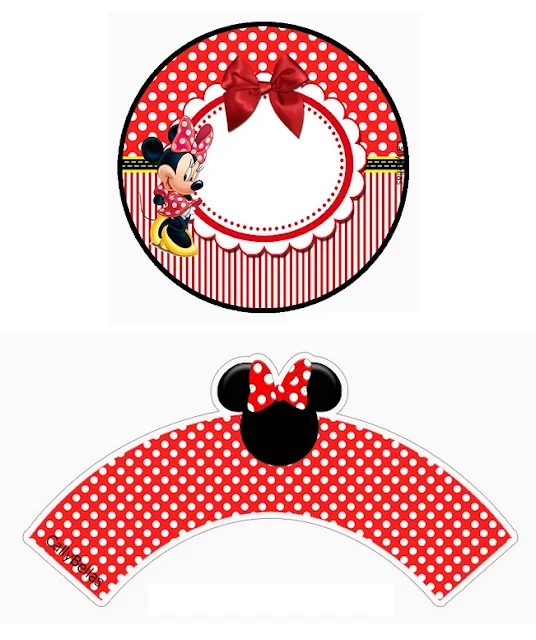 Minnie en Rayas Rojas: Wrapper y Topper para Cupcakes para Imprimir Gratis. 