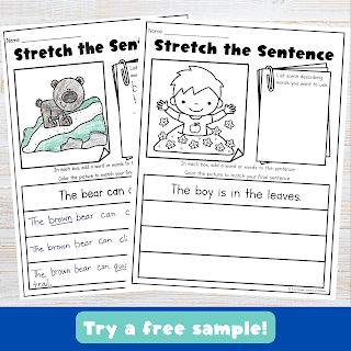 Click to download free sample worksheets of the stretch the sentence writing strategy