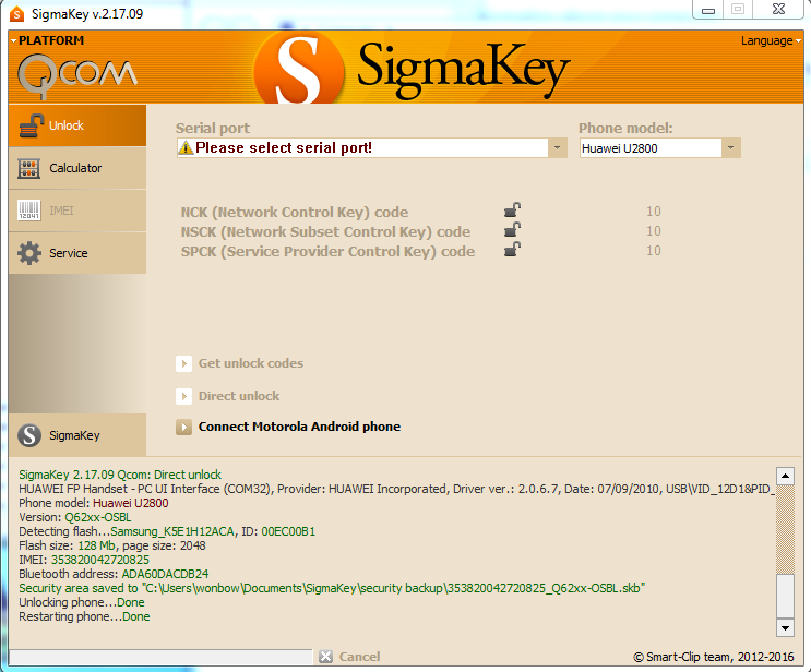 Huawei U2800 direct unlock with sigma ok Huawei U2800 direct unlock with sigma ok