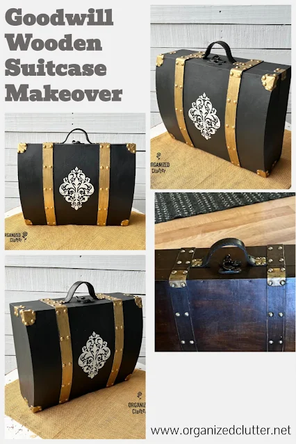 Photos of an upcycled Goodwill wooden suitcase.