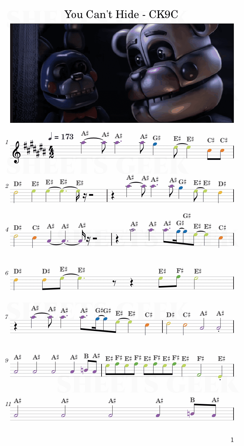 You Can't Hide - CK9C (FNAF SISTER LOCATION SONG) Easy Sheet Music Free for piano, keyboard, flute, violin, sax, cello page 1