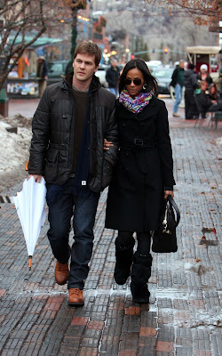 Zoe Saldana and fiance Keith Britton braving the cold in Aspen