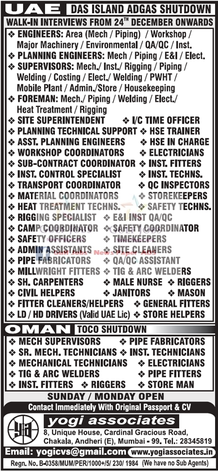 Oman & UAE DAS Island Adgas Shutdown Large Job Opportunities