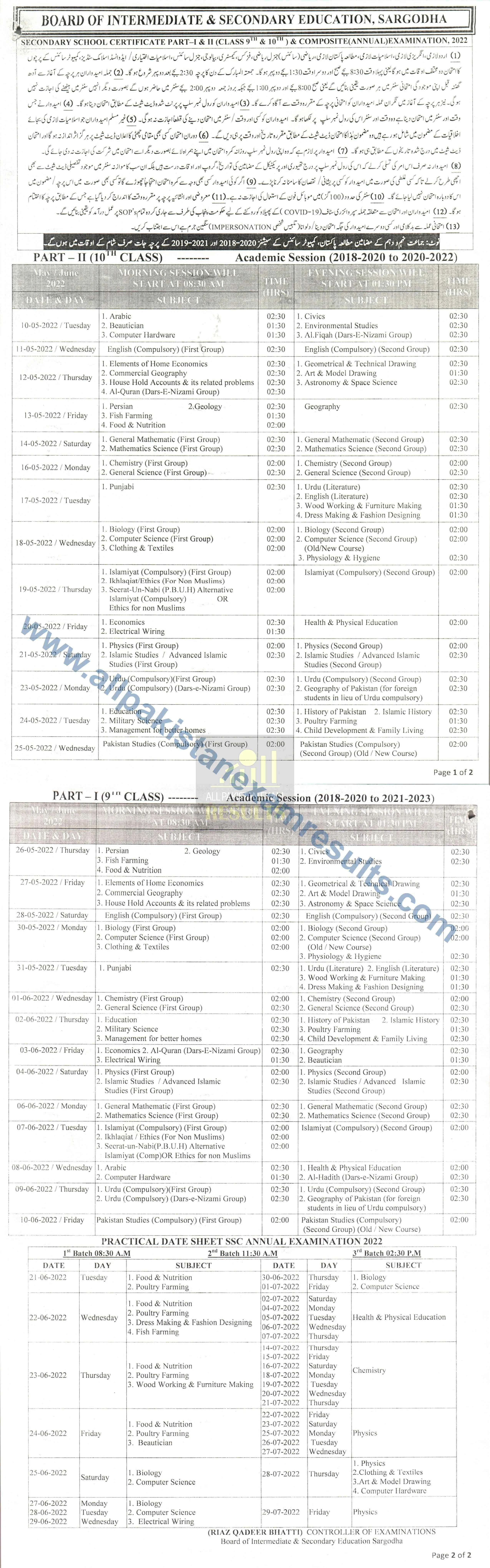 Sargodha Board Date Sheet 9th & 10th Class 2022 Annual Exam