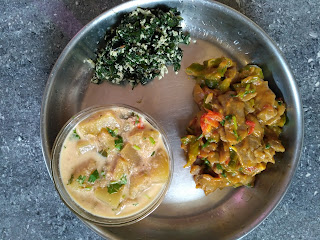 Valarpirai Parambariya Unavugal's Kambu parota with Capsicum Tomato Onion, Ash gourd Kurma, Ponnaanganni Greens poriyal