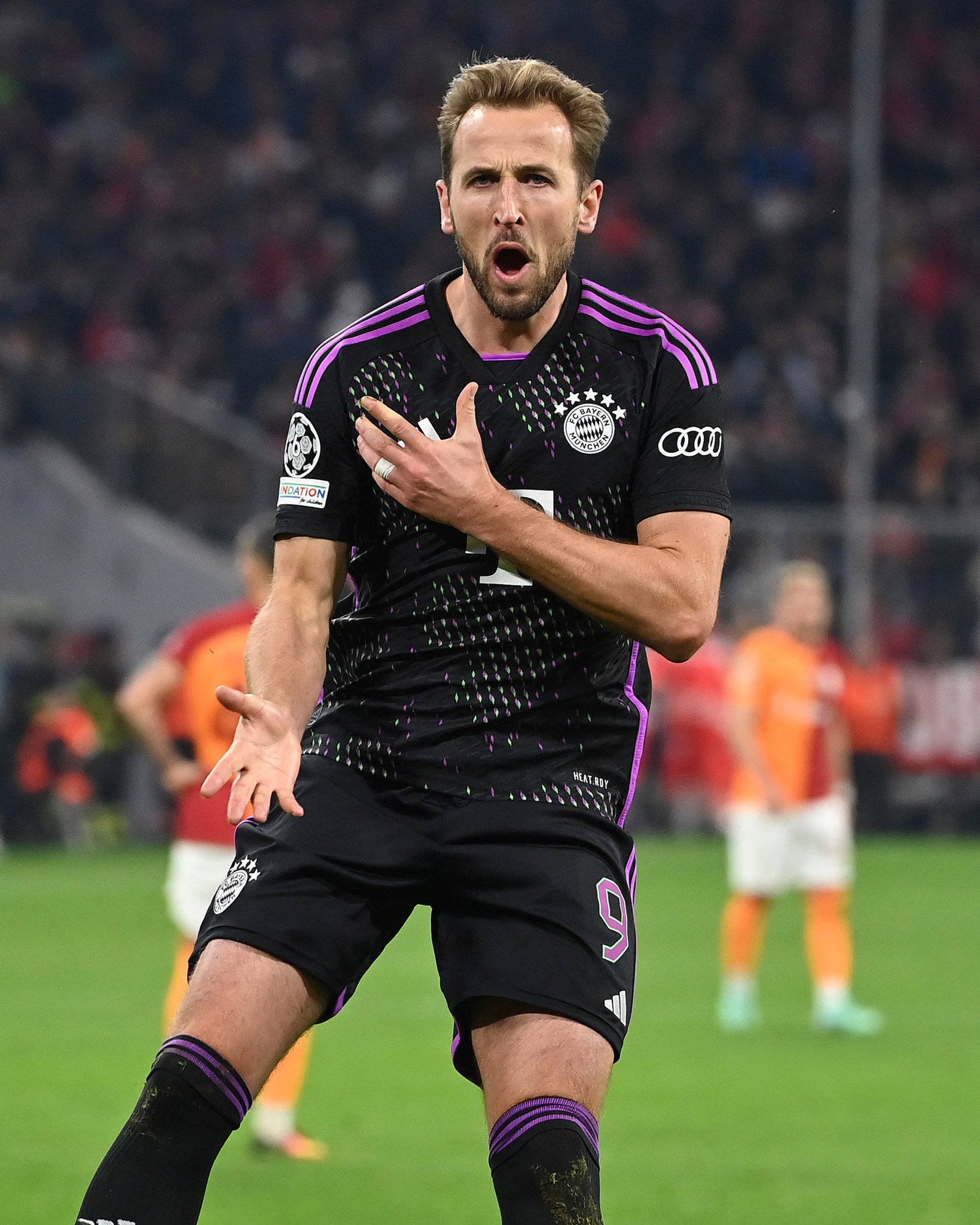 English forward, Harry Kane, celebrates after scoring for Bayern Munich in the Uefa Champions League 2023/24 match against Galatasaray on Wednesday 8 November, 2023 at Allianz Arena, Germany